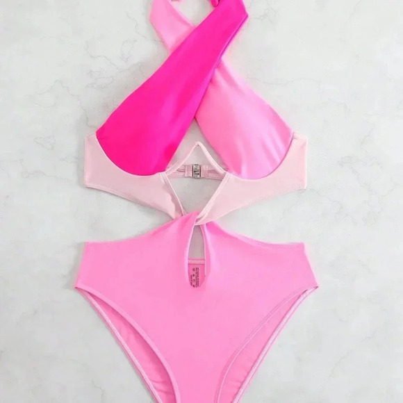 Pink Sexy Women's Beach Colorblock Cut-Out Halter One Piece Swimsuit - Picture 3 of 7